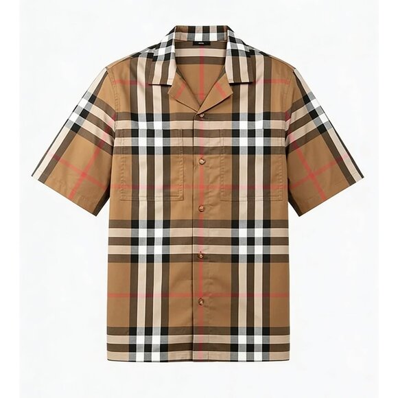 Burberry Men’s Elio Check Short Sleeve Shirt Taupe Brown S 8104201